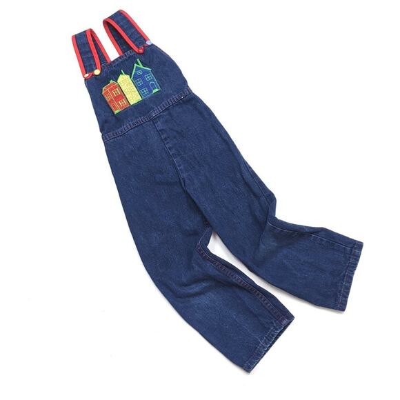Vintage Rosebud Duds Overalls Girls Size 2T Applique Denim House - Picture 1 of 5